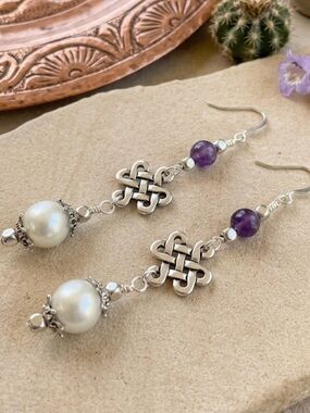 HAND CRAFTED Amethyst & White Pearl Eternity Knot Dangle Earrings 3” NWT